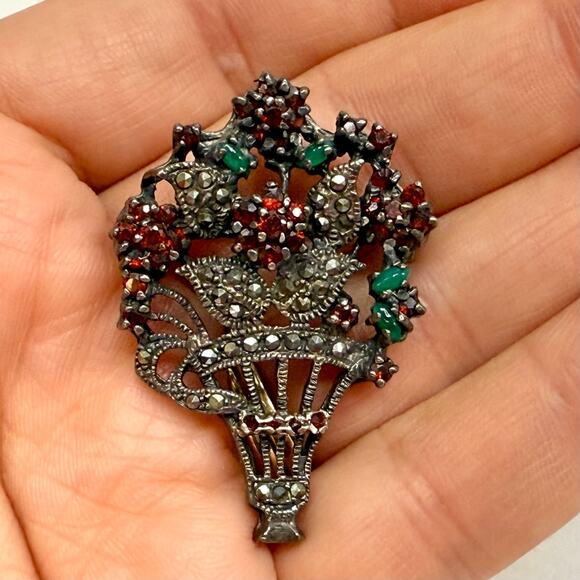 Vintage Sterling Brooch Pendant Flower Basket Marcasite-Garnet-Green Quartz Pin - Picture 11 of 15